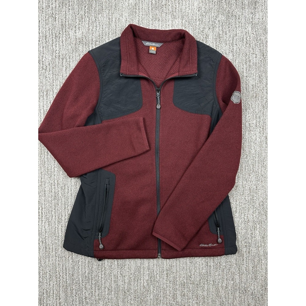 Eddie Bauer Sport Shop Womens M Fleece Jacket Burgundy Mixed Media Knit Sweater